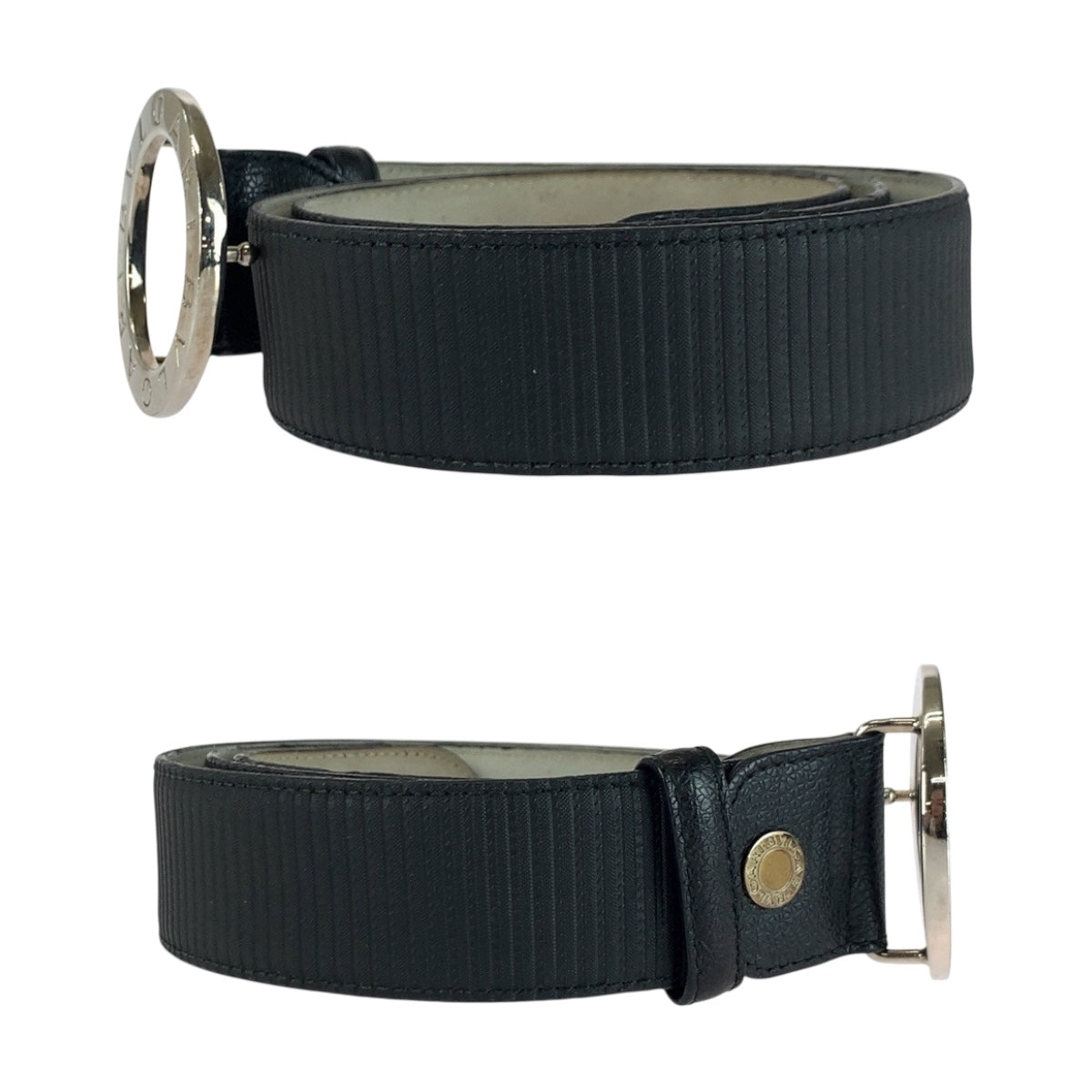 20353
BVLGARI ブルガリ サークルロゴ 105cm/42inc ブラック 黒　シルバー金具 レザー ベルト バックル メンズ AB14