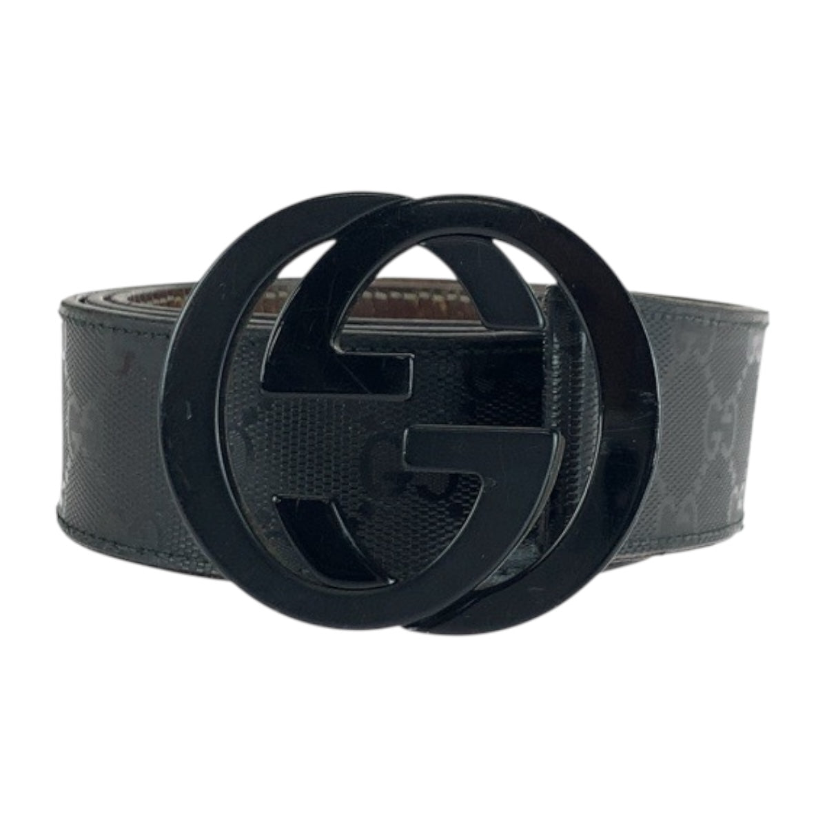20361
GUCCI グッチ インターロッキング ブラック 黒 ブラック金具 レザー ベルト バックル メンズ AB15