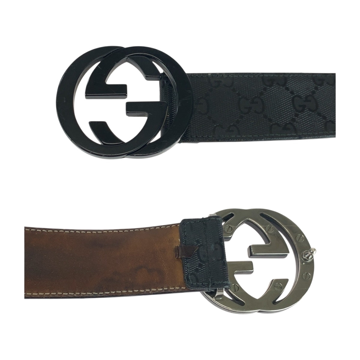 20361
GUCCI グッチ インターロッキング ブラック 黒 ブラック金具 レザー ベルト バックル メンズ AB15