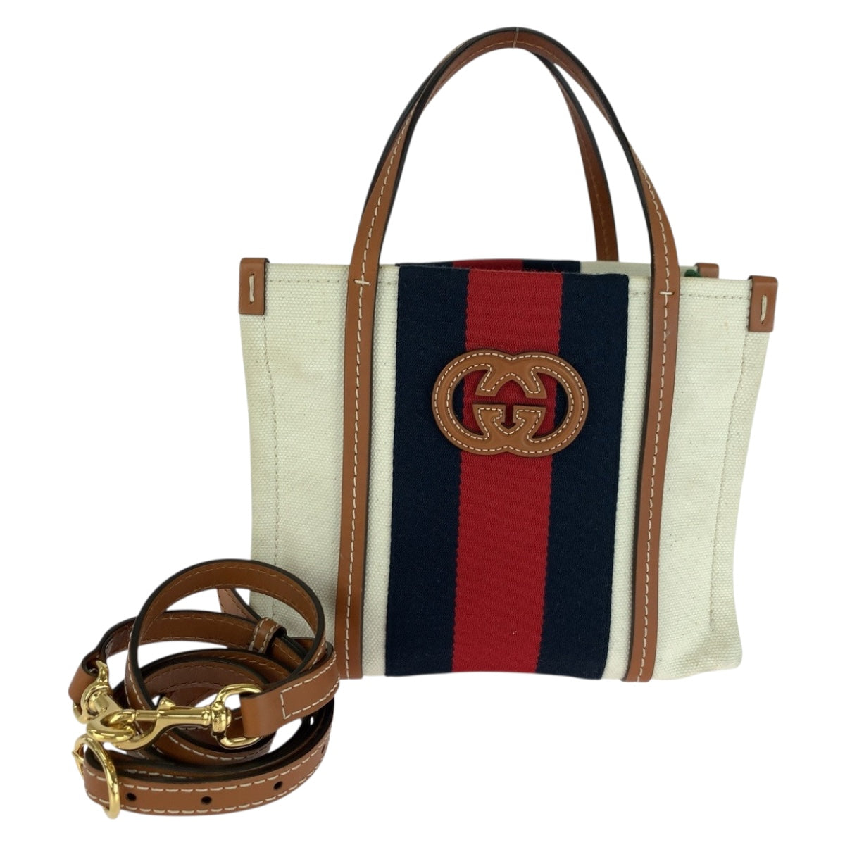 20363
GUCCI グッチ インターロッキング ホワイト ブラウン ゴールド金具 キャンバス ショルダーバッグ トートバッグ 2way レディース A100