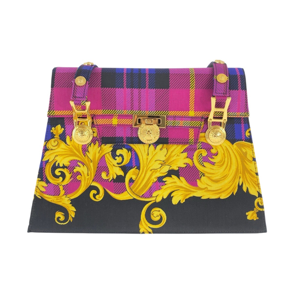 20381
VERSACE ヴェルサーチ ヴィンテージ サンバースト バロック柄 マルチカラー ゴールド金具 キャンバス ショルダーバッグ レディース SA89