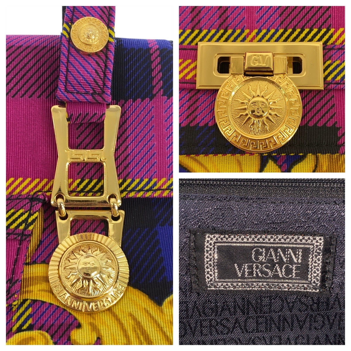 20381
VERSACE ヴェルサーチ ヴィンテージ サンバースト バロック柄 マルチカラー ゴールド金具 キャンバス ショルダーバッグ レディース SA89
