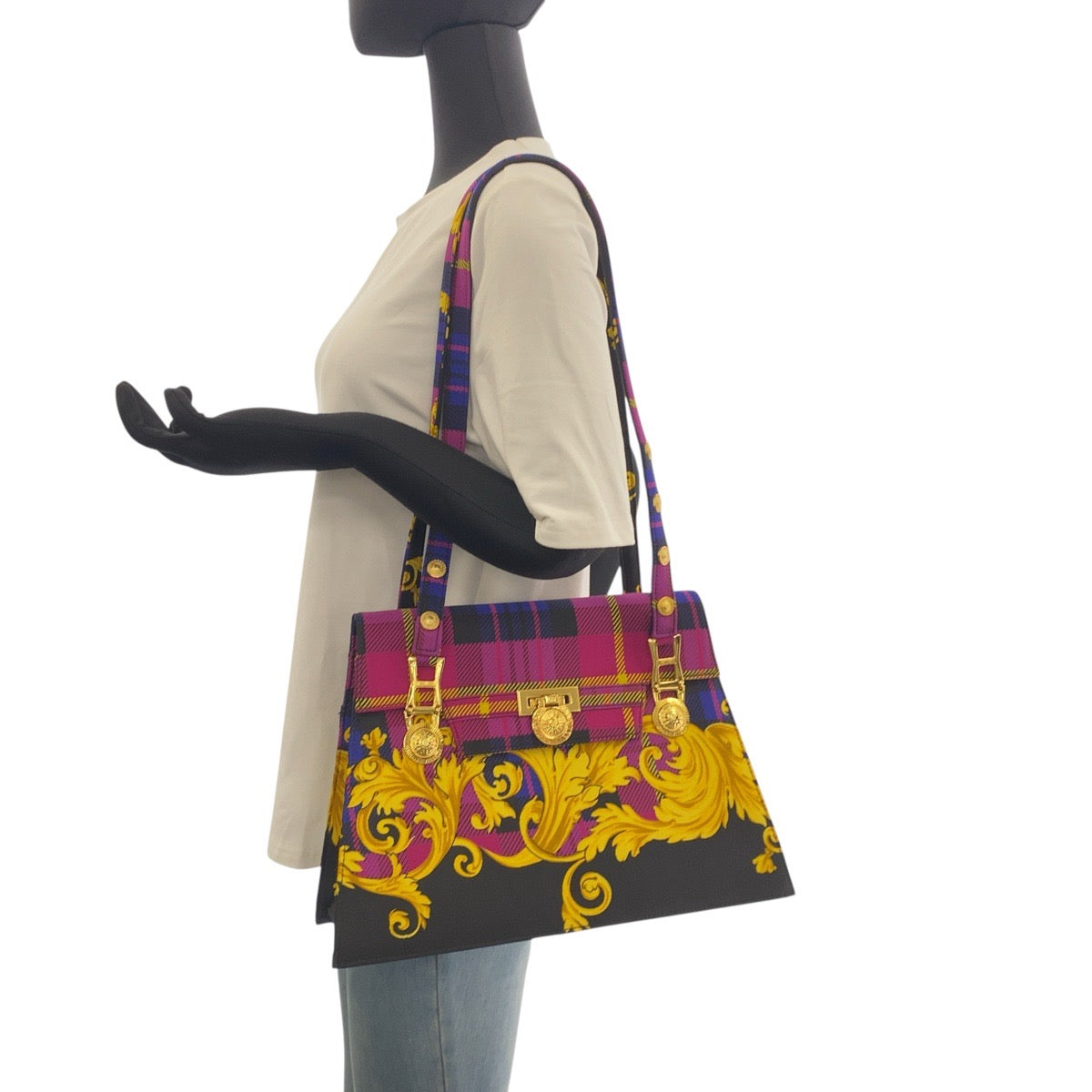 20381
VERSACE ヴェルサーチ ヴィンテージ サンバースト バロック柄 マルチカラー ゴールド金具 キャンバス ショルダーバッグ レディース SA89