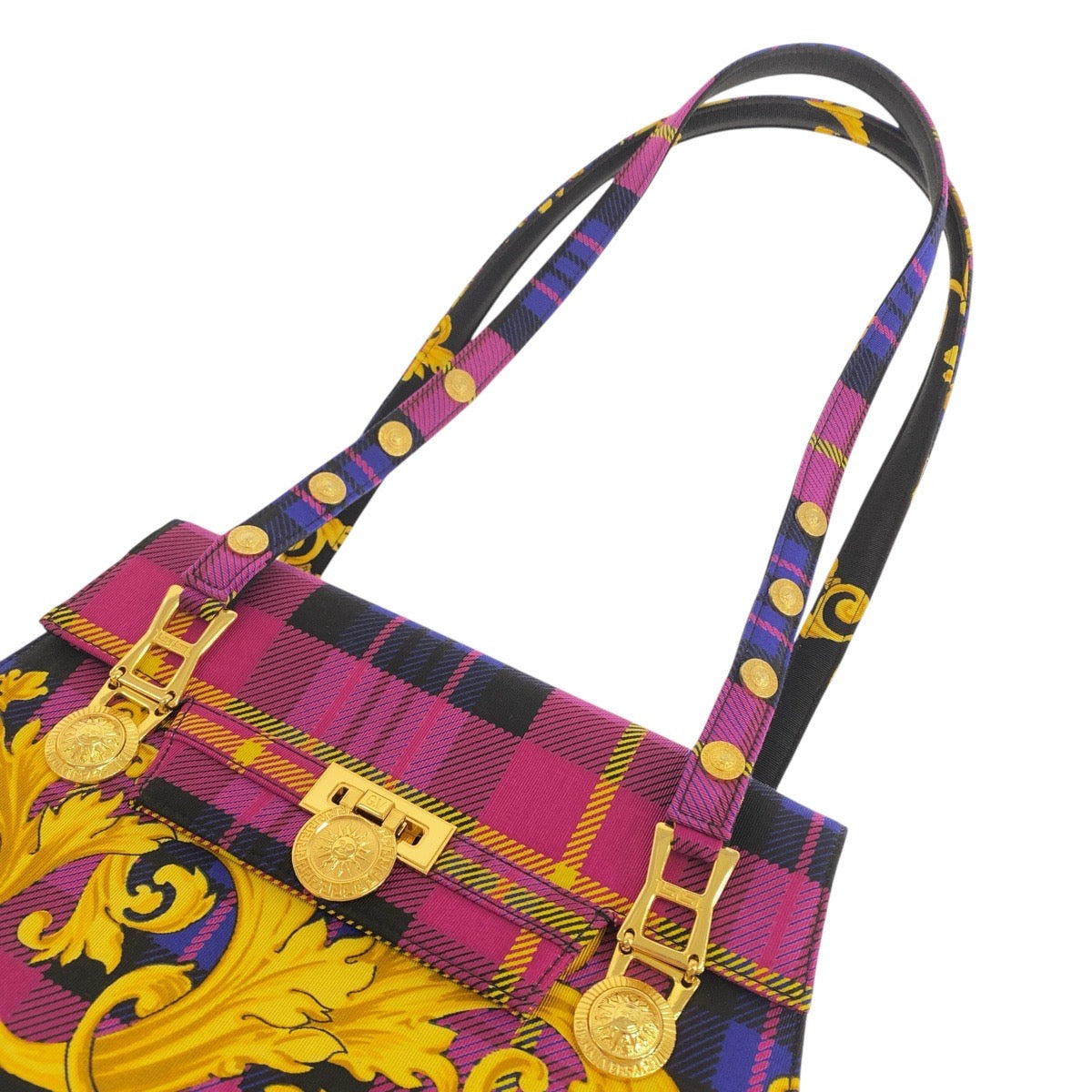 20381
VERSACE ヴェルサーチ ヴィンテージ サンバースト バロック柄 マルチカラー ゴールド金具 キャンバス ショルダーバッグ レディース SA89
