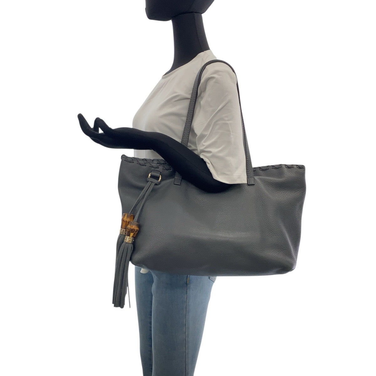 20399
GUCCI Bamboo Gray Silver Hardware Leather 354665 Tote Bag Shoulder Bag Ladies ABP45