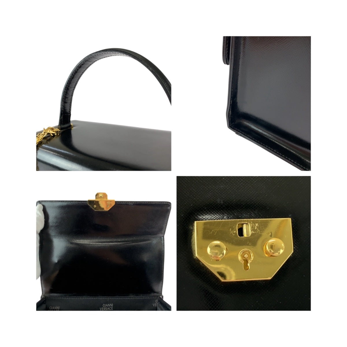 20404
VERSACE ヴェルサーチ ヴィンテージ サンバースト ブラック 黒 ゴールド金具 レザー ハンドバッグ バニティバッグ レディース ABP35