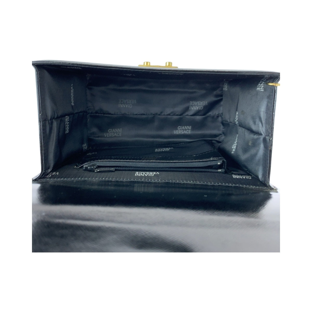20404
VERSACE ヴェルサーチ ヴィンテージ サンバースト ブラック 黒 ゴールド金具 レザー ハンドバッグ バニティバッグ レディース ABP35