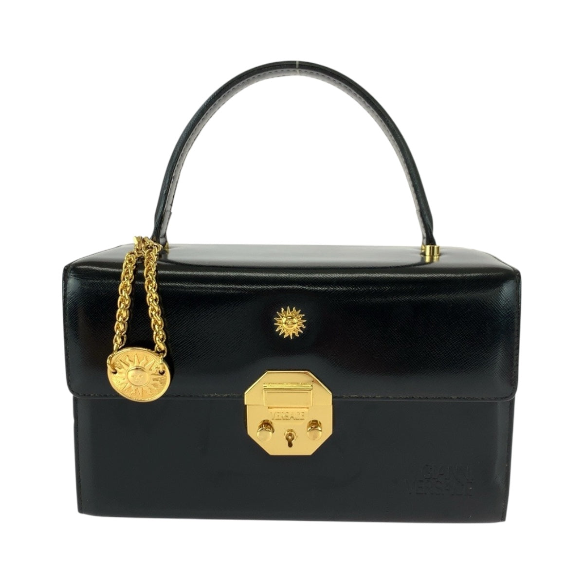 20404
VERSACE ヴェルサーチ ヴィンテージ サンバースト ブラック 黒 ゴールド金具 レザー ハンドバッグ バニティバッグ レディース ABP35