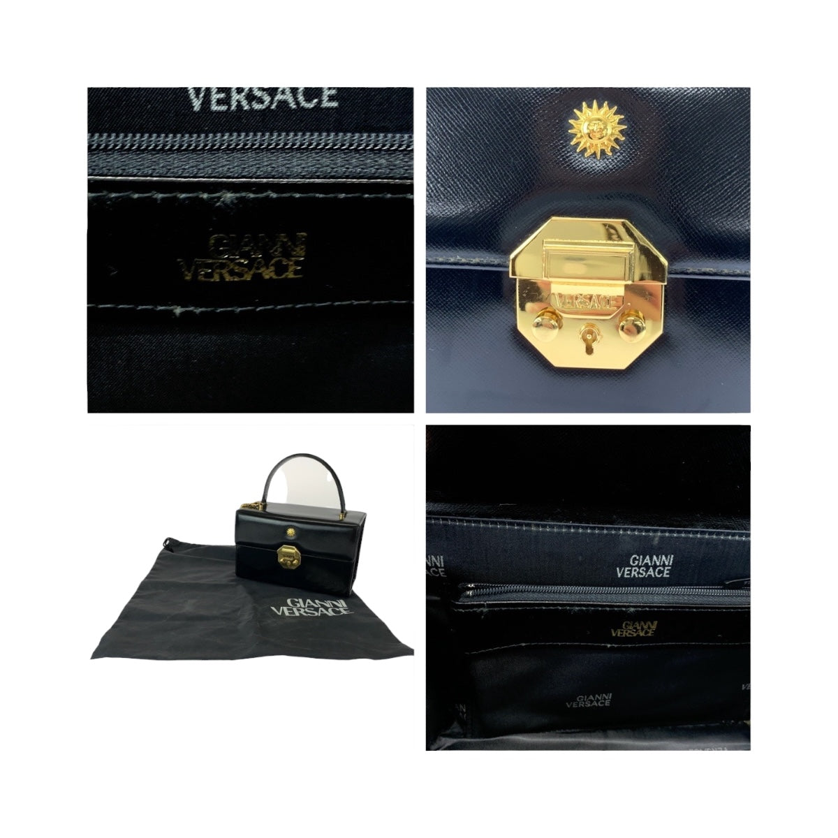 20404
VERSACE ヴェルサーチ ヴィンテージ サンバースト ブラック 黒 ゴールド金具 レザー ハンドバッグ バニティバッグ レディース ABP35