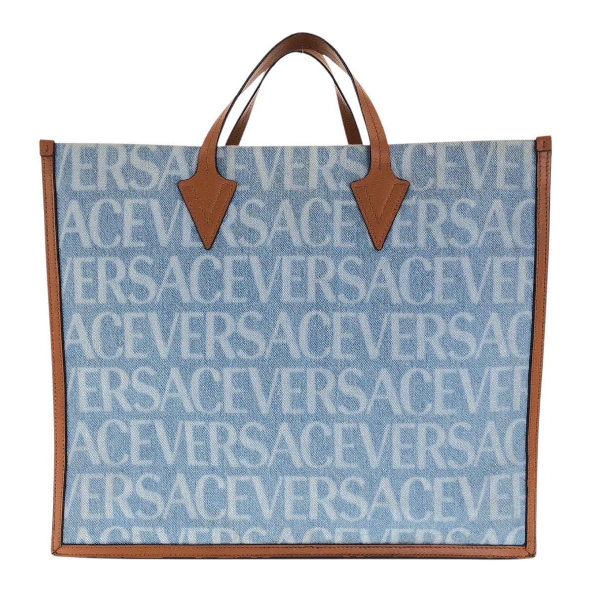20409
VERSACE ヴェルサーチ オールオーバー デニム ブルー ブラウン キャンバス 1008913 トートバッグ ハンドバッグ レディース ABP70