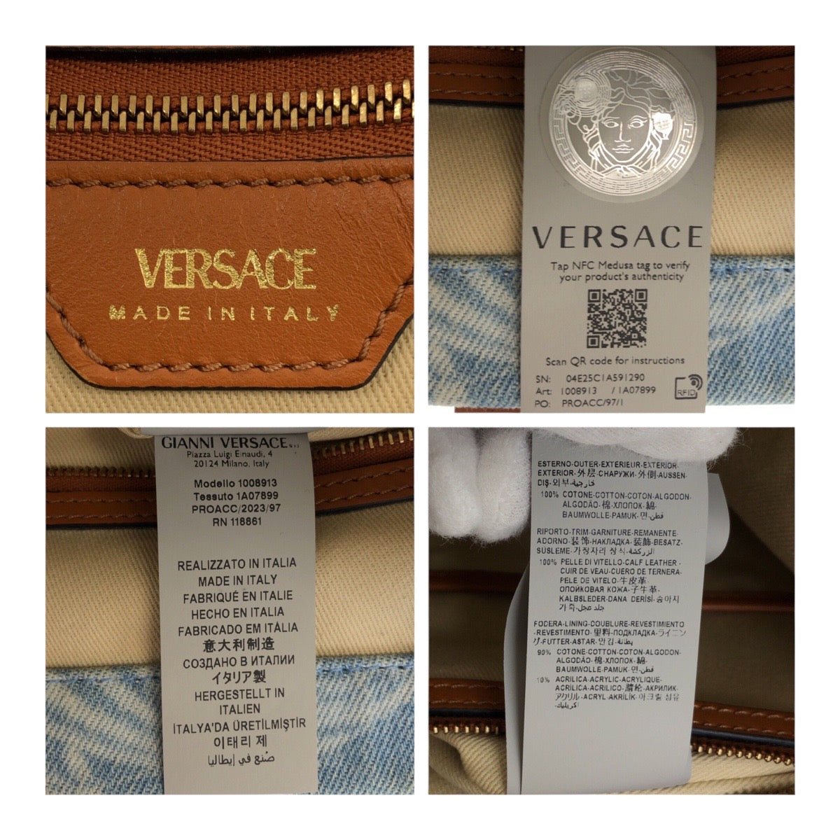 20409
VERSACE ヴェルサーチ オールオーバー デニム ブルー ブラウン キャンバス 1008913 トートバッグ ハンドバッグ レディース ABP70