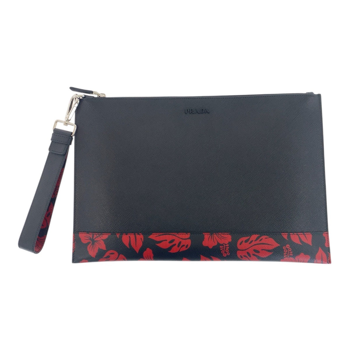 20418
PRADA プラダ サフィアーノ 花柄 ロゴ ブラック レッド シルバー金具 レザー クラッチバッグ セカンドバッグ メンズ A54