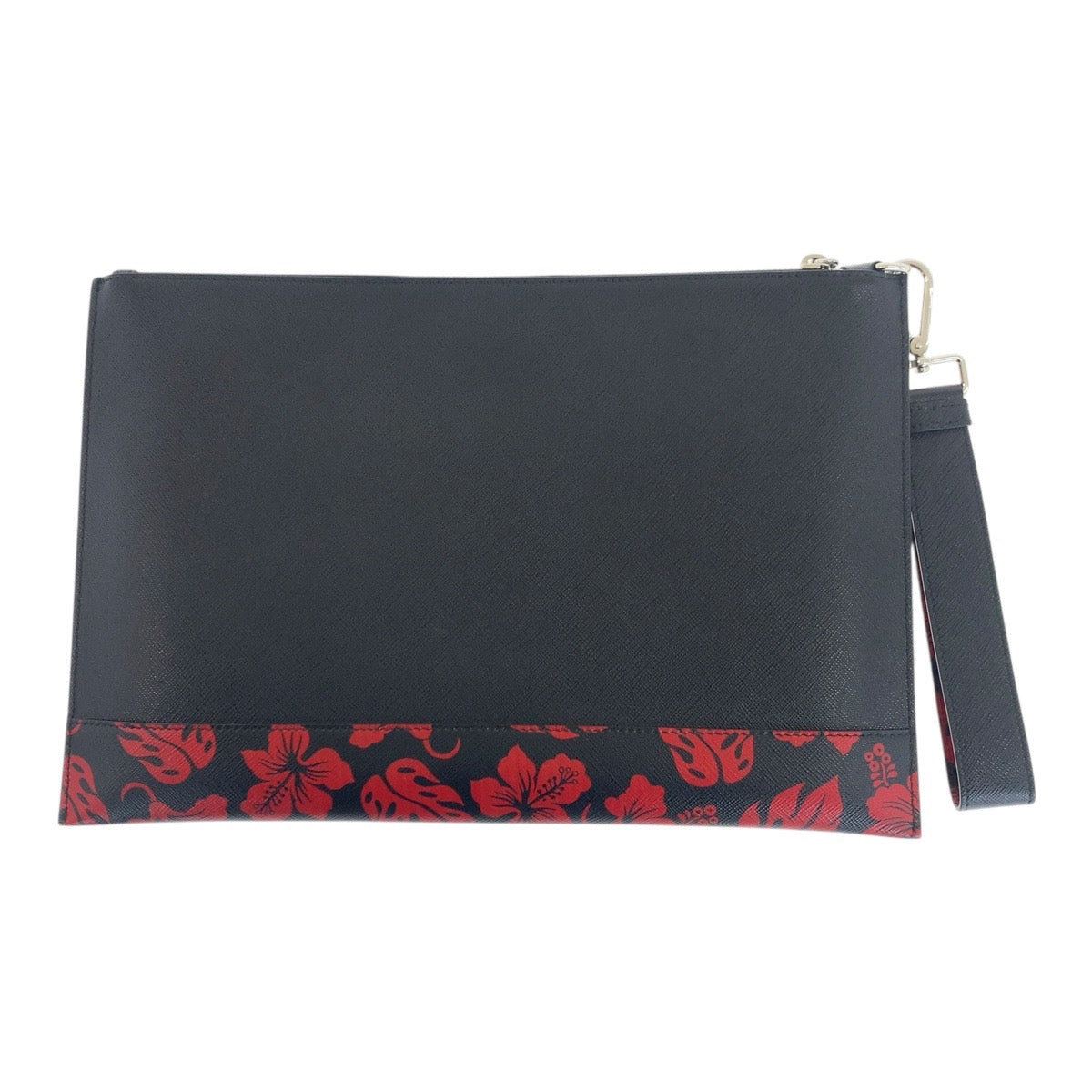 20418
PRADA プラダ サフィアーノ 花柄 ロゴ ブラック レッド シルバー金具 レザー クラッチバッグ セカンドバッグ メンズ A54