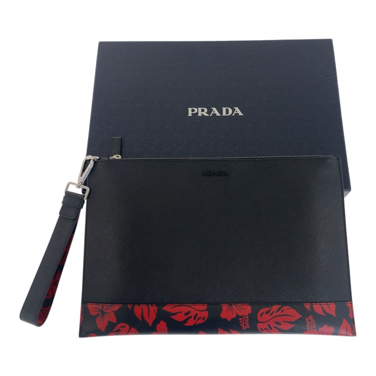 20418
PRADA プラダ サフィアーノ 花柄 ロゴ ブラック レッド シルバー金具 レザー クラッチバッグ セカンドバッグ メンズ A54