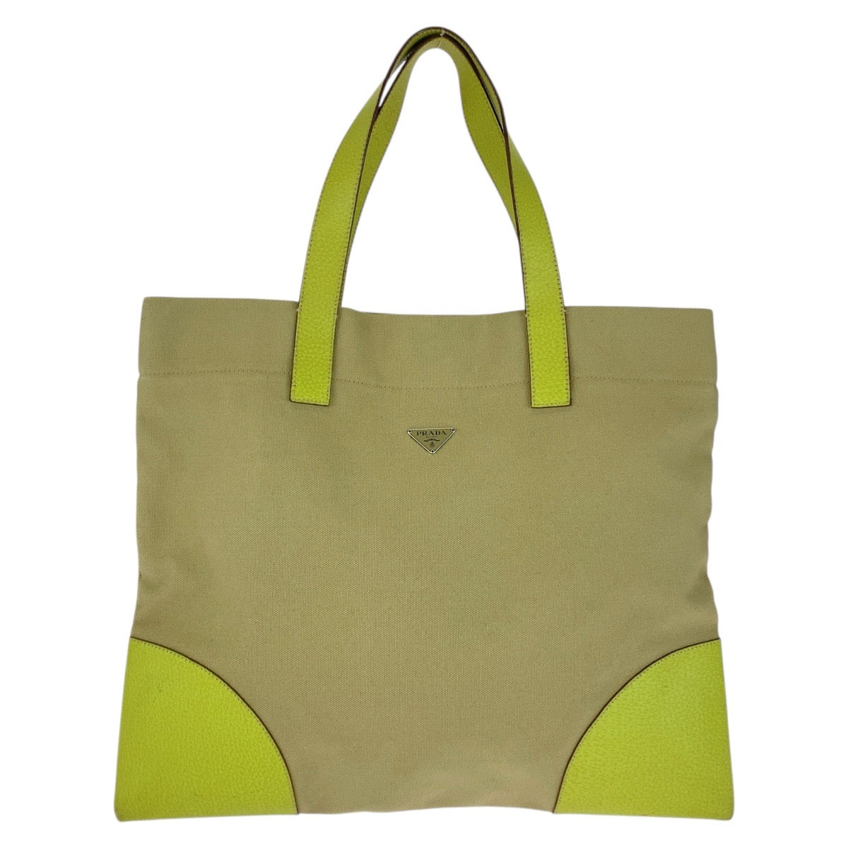 20465
PRADA プラダ 三角ロゴプレート ベージュ グリーン シルバー金具 キャンバス / レザー トートバッグ ショルダーバッグ レディース ABP28