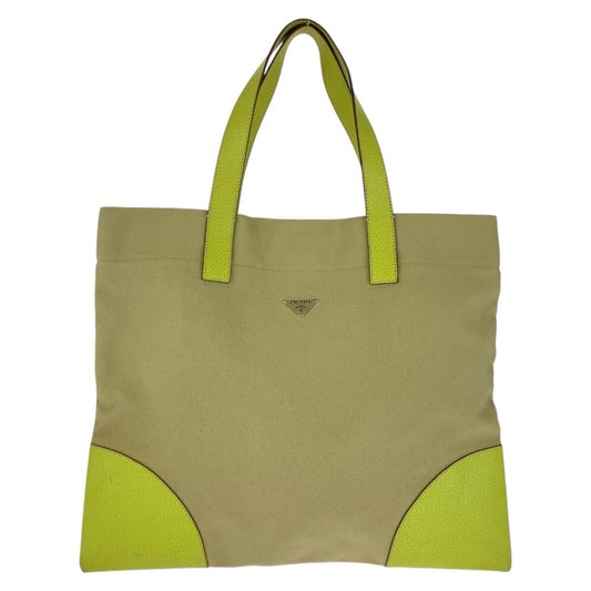 20465
PRADA プラダ 三角ロゴプレート ベージュ グリーン シルバー金具 キャンバス / レザー トートバッグ ショルダーバッグ レディース ABP28