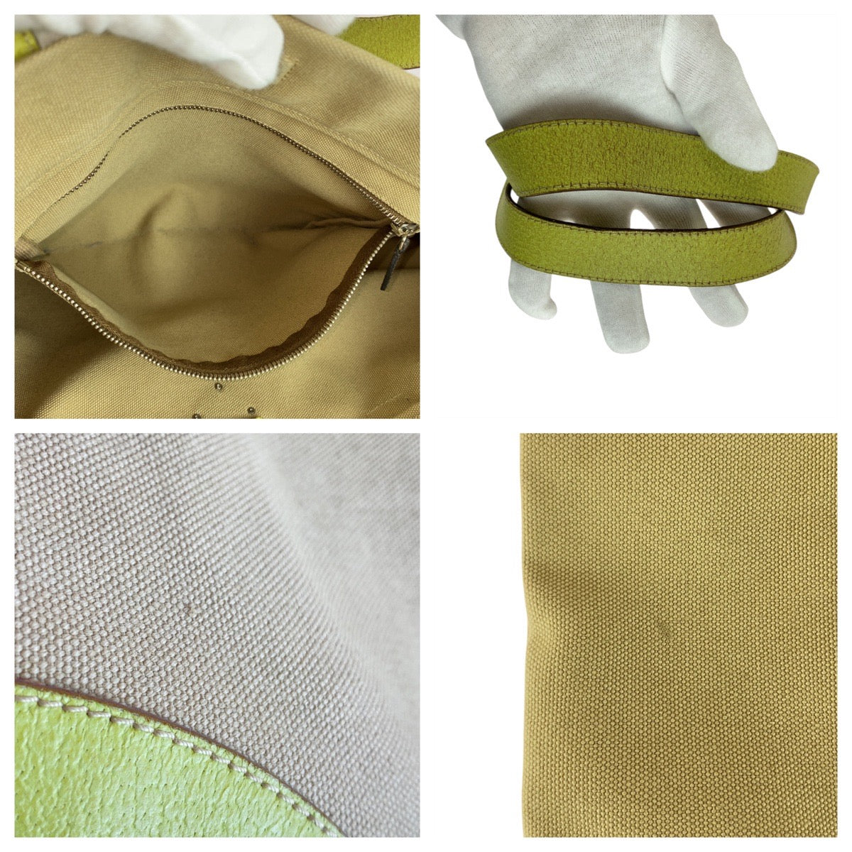 20465
PRADA プラダ 三角ロゴプレート ベージュ グリーン シルバー金具 キャンバス / レザー トートバッグ ショルダーバッグ レディース ABP28