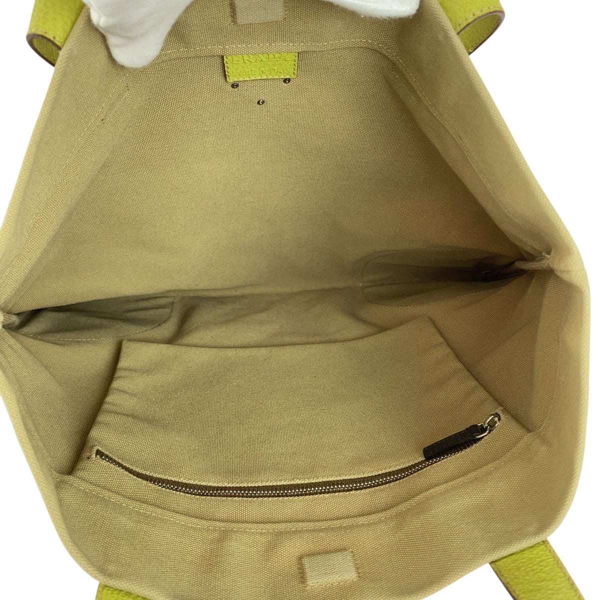 20465
PRADA プラダ 三角ロゴプレート ベージュ グリーン シルバー金具 キャンバス / レザー トートバッグ ショルダーバッグ レディース ABP28