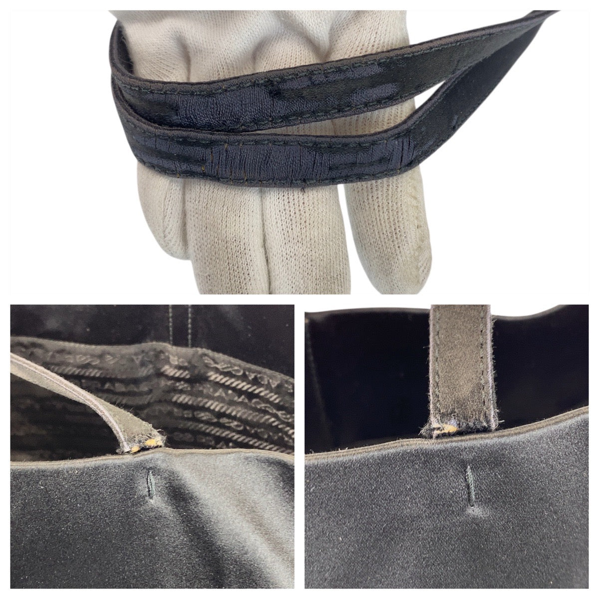 20481
PRADA プラダ 三角ロゴプレート ブラック 黒 シルバー金具 サテン トートバッグ レディース AB18