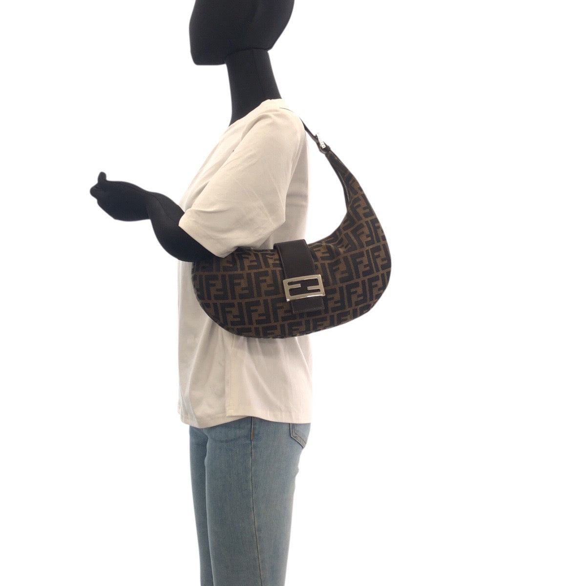20702
FENDI Vintage ZUCCA Mamma Baguette Crescent Moon Bag Brown Silver Hardware Canvas / Leather Shoulder Bag Handbag Ladies A210