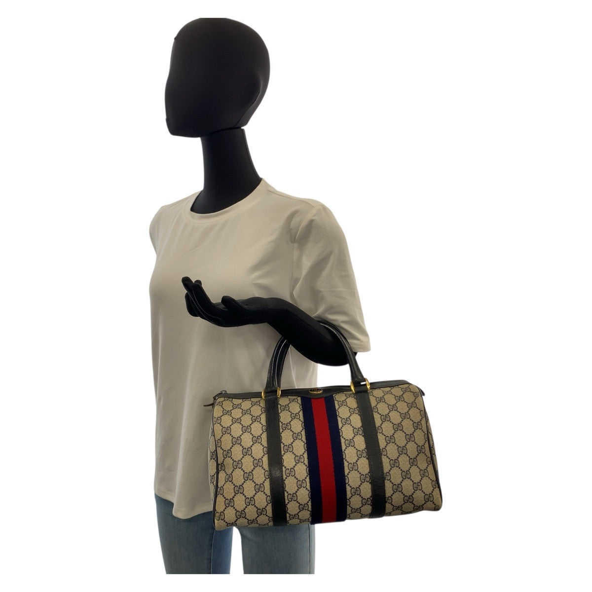 20496
GUCCI Vintage Sherry Line Gray Navy Gold Hardware GG Supreme Canvas / Leather 24 02 007 Handbag Boston Bag Ladies AB30
