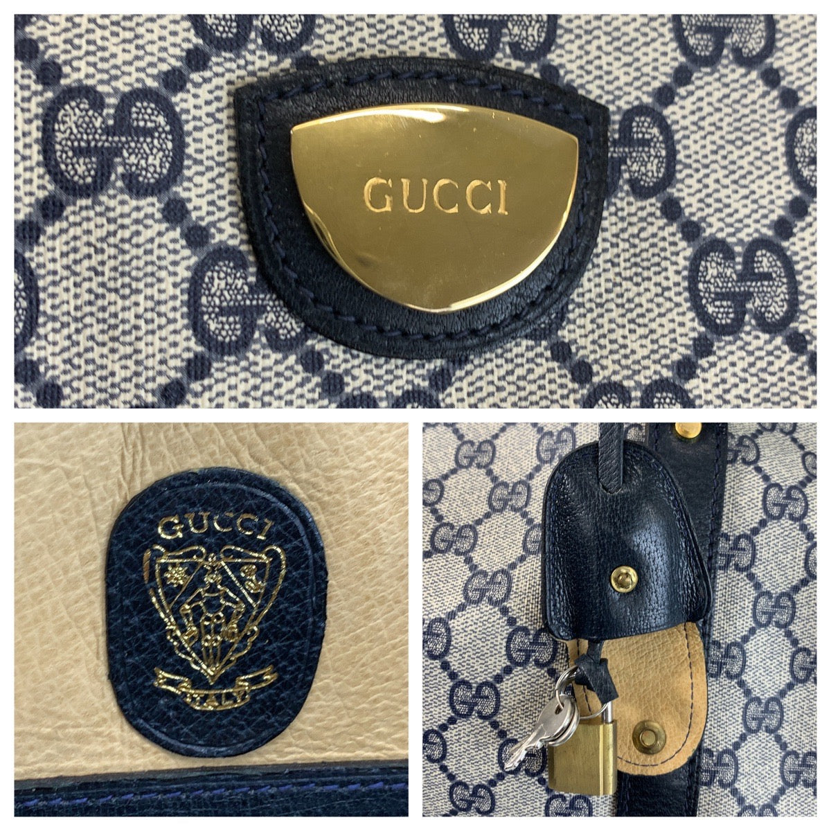 20503
GUCCI Vintage Grey Navy Gold Hardware GG Supreme Canvas / Leather Boston Bag Handbag Ladies ABP56