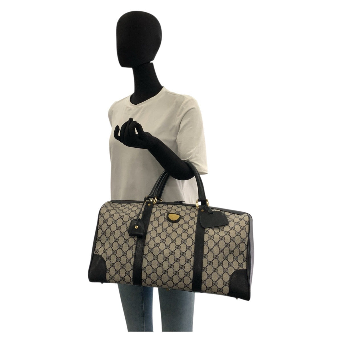 20503
GUCCI Vintage Grey Navy Gold Hardware GG Supreme Canvas / Leather Boston Bag Handbag Ladies ABP56