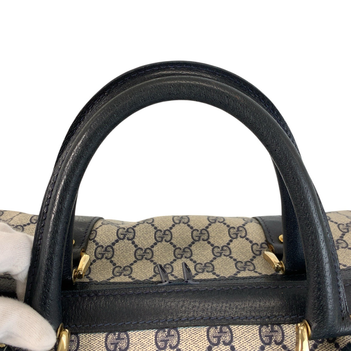 20503
GUCCI Vintage Grey Navy Gold Hardware GG Supreme Canvas / Leather Boston Bag Handbag Ladies ABP56