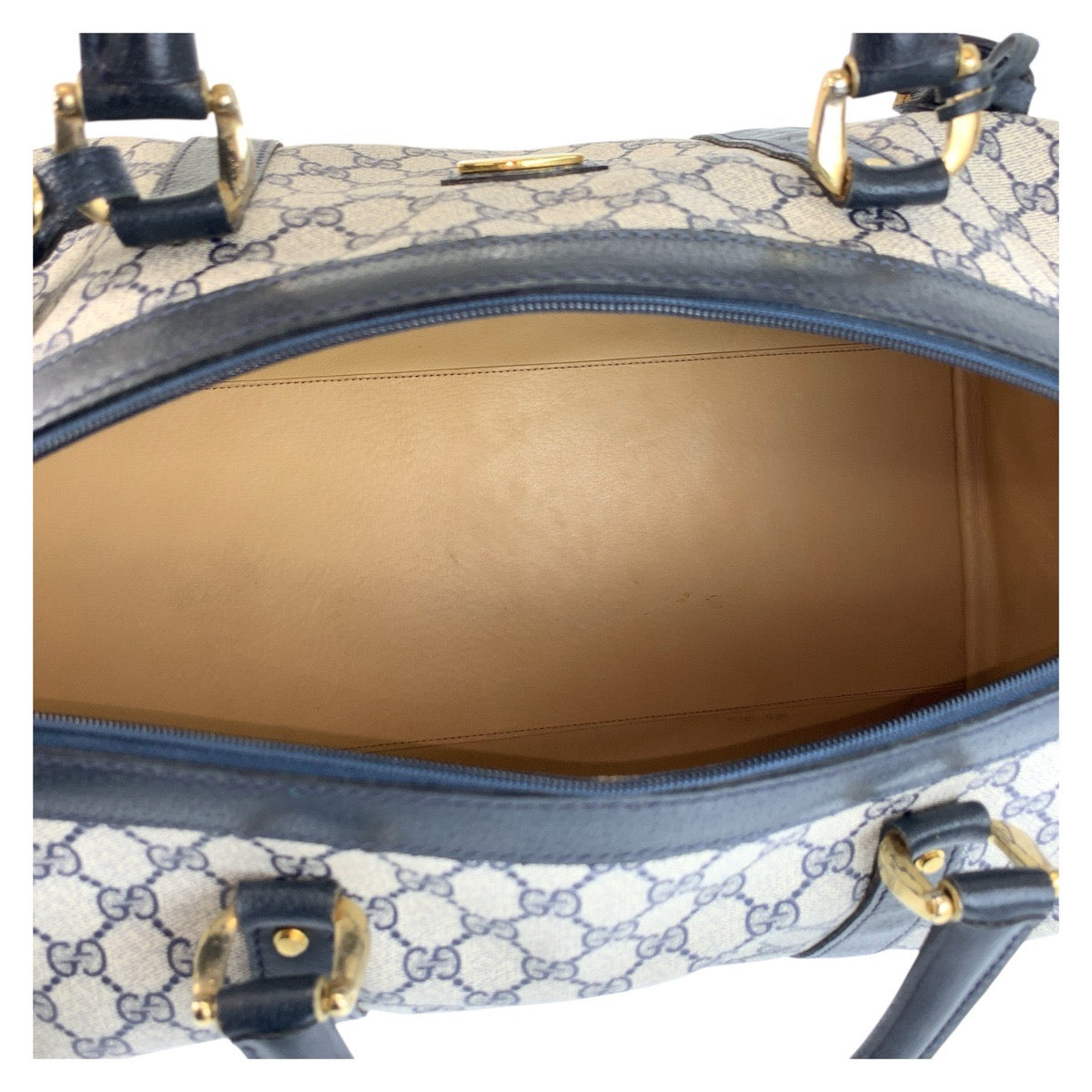20503
GUCCI Vintage Grey Navy Gold Hardware GG Supreme Canvas / Leather Boston Bag Handbag Ladies ABP56