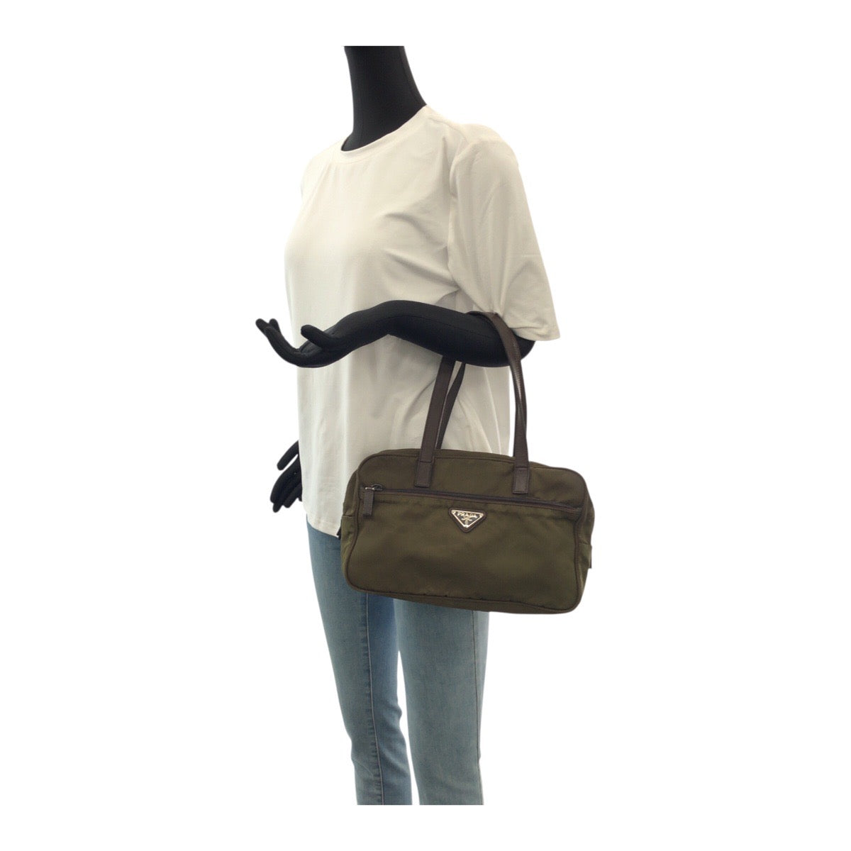 20511
PRADA プラダ テスート 三角ロゴプレート カーキ ブラウン シルバー金具 ナイロン / レザー トートバッグ ミニボストンバッグ レディース B12