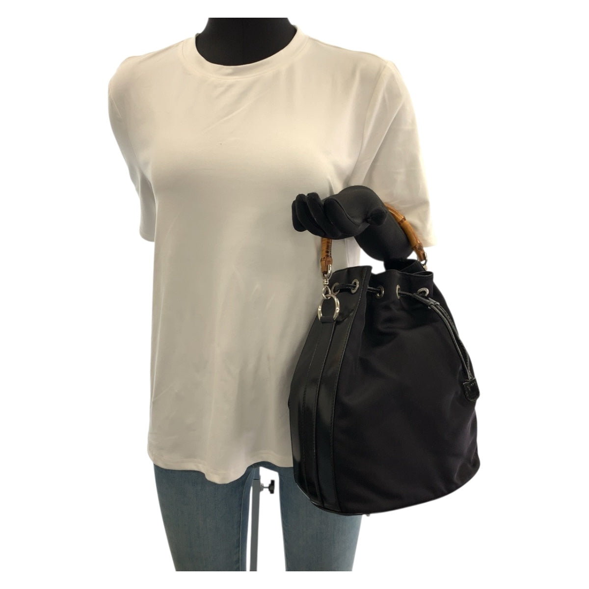 20512
GUCCI Gucci Bamboo Black Brown Silver Hardware Nylon 001 2404 16570 Drawstring Shoulder Bag Handbag 2way Women's ABP28