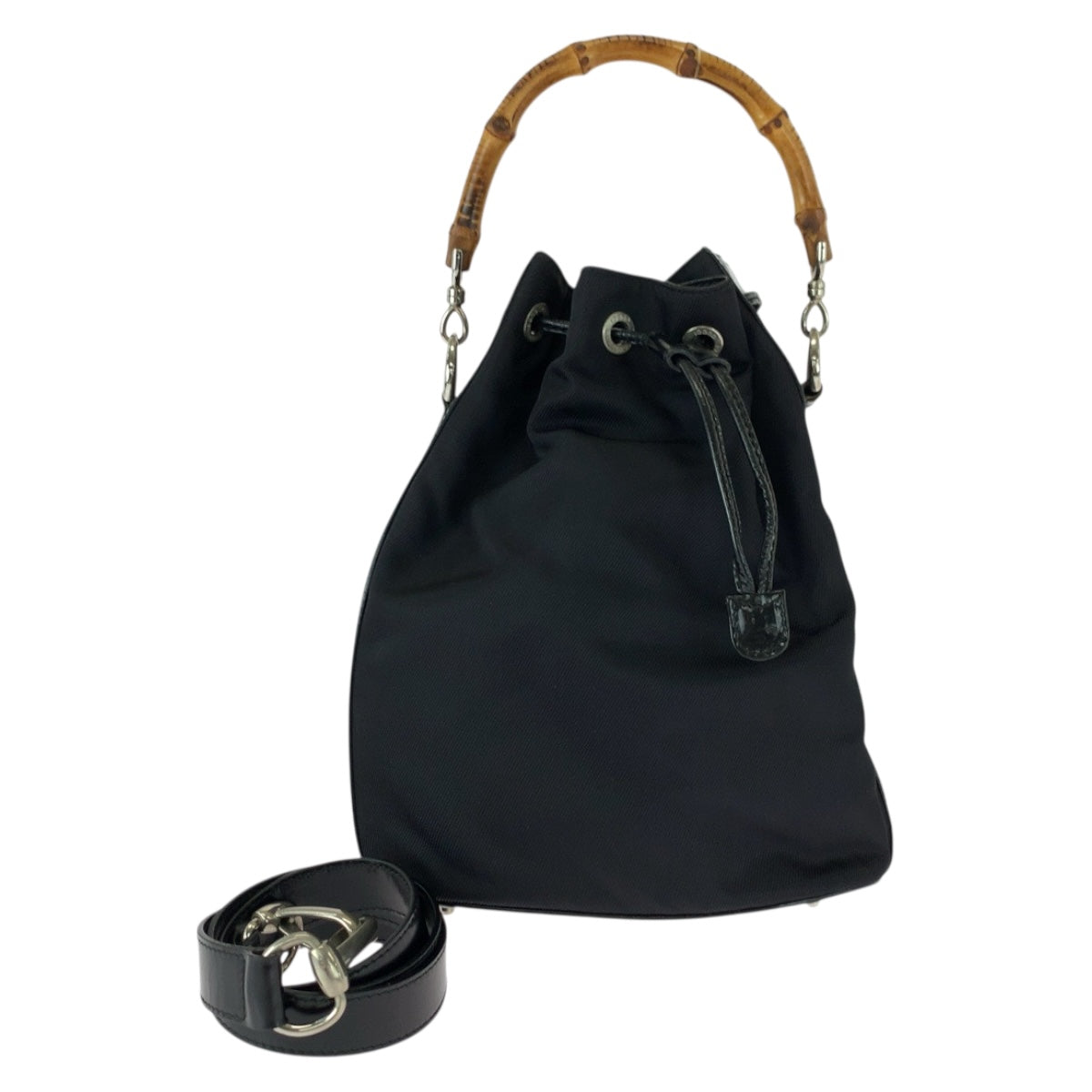 20512
GUCCI Gucci Bamboo Black Brown Silver Hardware Nylon 001 2404 16570 Drawstring Shoulder Bag Handbag 2way Women's ABP28