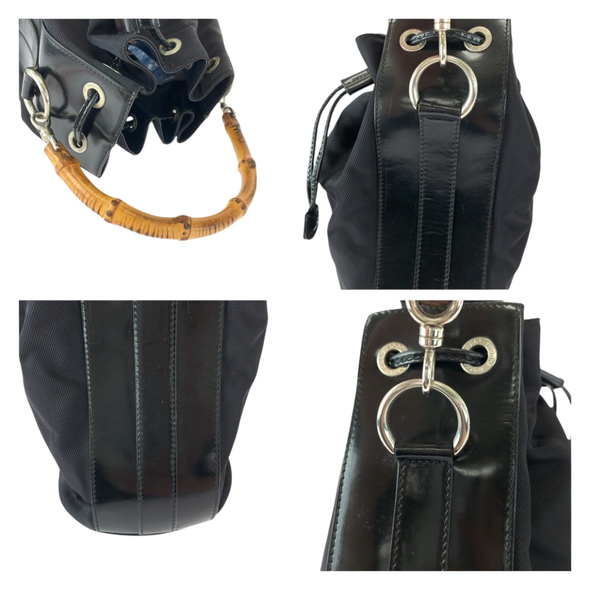 20512
GUCCI Gucci Bamboo Black Brown Silver Hardware Nylon 001 2404 16570 Drawstring Shoulder Bag Handbag 2way Women's ABP28