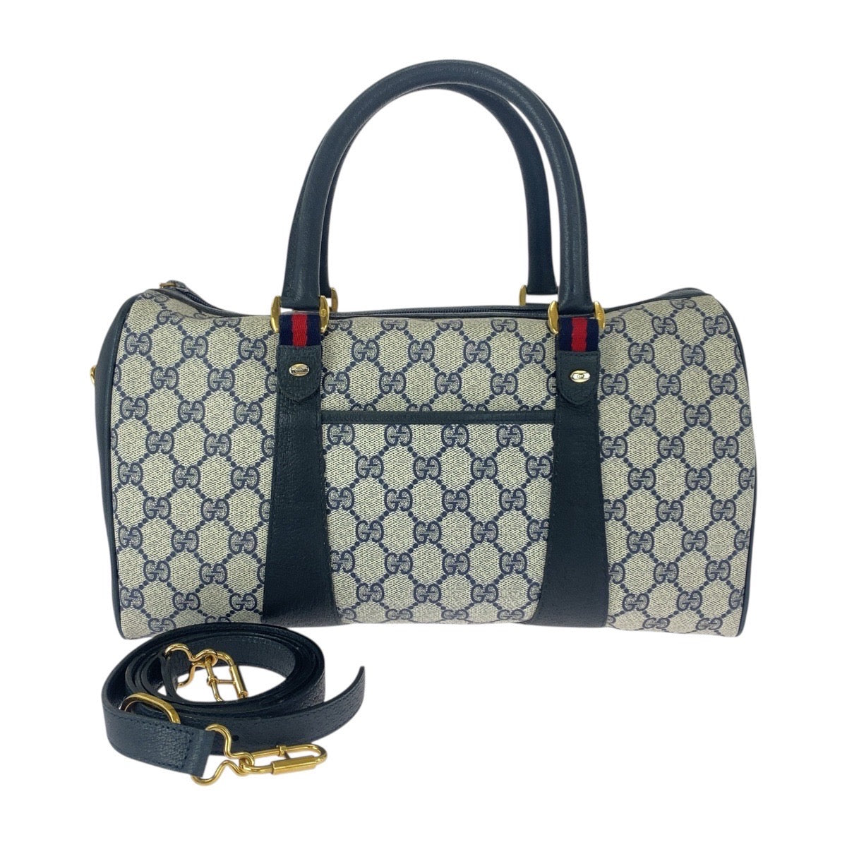 20540
GUCCI Vintage Sherry Line Gray Navy Gold Hardware GG Supreme Canvas / Leather 111 02 072 Handbag Boston Bag Shoulder Bag 2WAY Women's ABP48
