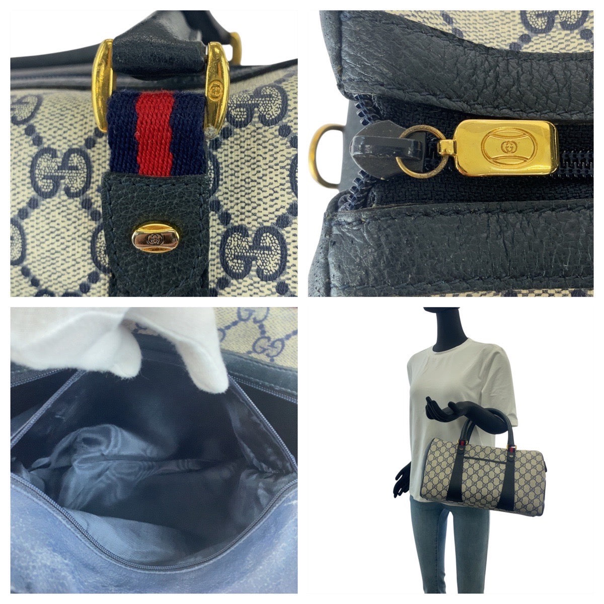 20540
GUCCI Vintage Sherry Line Gray Navy Gold Hardware GG Supreme Canvas / Leather 111 02 072 Handbag Boston Bag Shoulder Bag 2WAY Women's ABP48
