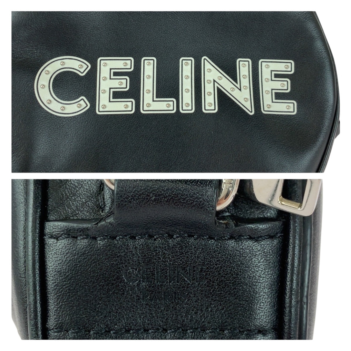 20553
CELINE セリーヌ ダンシングキッド ロゴスタッズ ブラック 黒 ホワイト シルバー金具 レザー 195883DDJ.38SI ショルダーバッグ ポシェット レディース A90