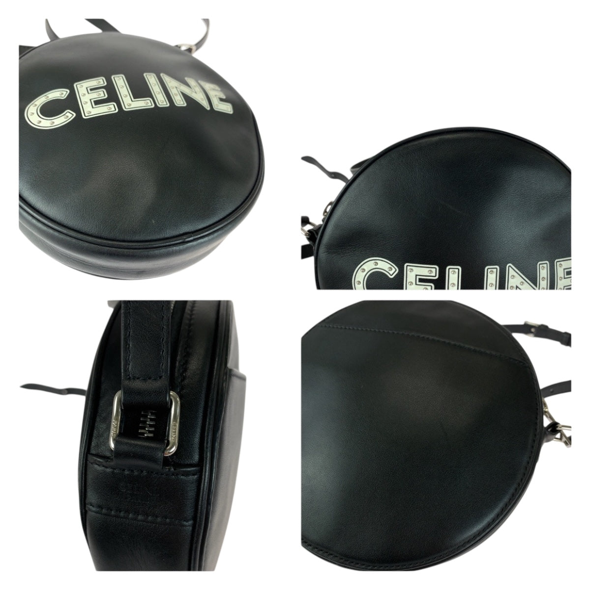 20553
CELINE セリーヌ ダンシングキッド ロゴスタッズ ブラック 黒 ホワイト シルバー金具 レザー 195883DDJ.38SI ショルダーバッグ ポシェット レディース A90