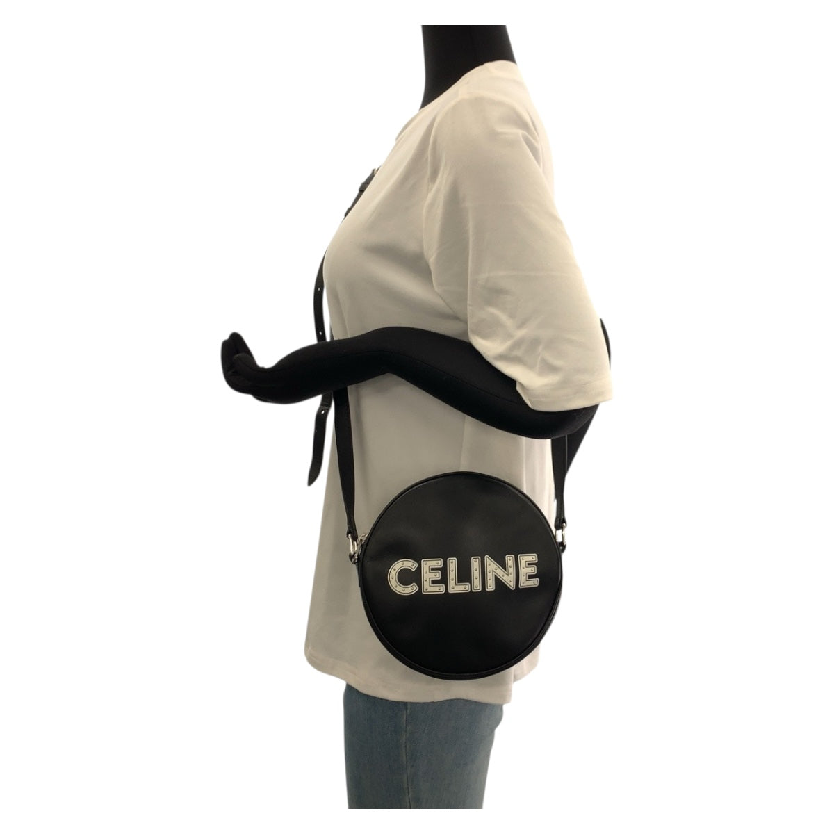 20553
CELINE セリーヌ ダンシングキッド ロゴスタッズ ブラック 黒 ホワイト シルバー金具 レザー 195883DDJ.38SI ショルダーバッグ ポシェット レディース A90