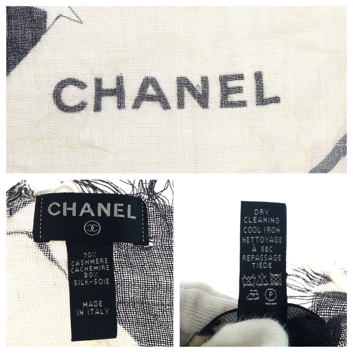 20592
CHANEL シャネル ココマーク オフホワイト ブラック カシミヤ 大判 ストール ショール レディース ABP35