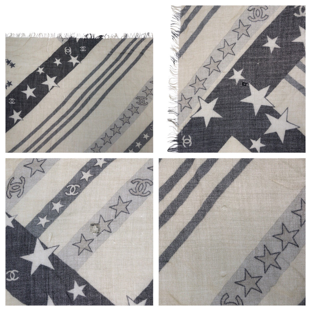 20592
CHANEL シャネル ココマーク オフホワイト ブラック カシミヤ 大判 ストール ショール レディース ABP35