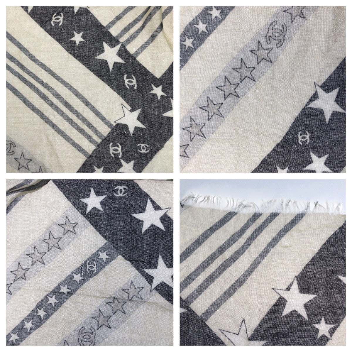 20592
CHANEL シャネル ココマーク オフホワイト ブラック カシミヤ 大判 ストール ショール レディース ABP35