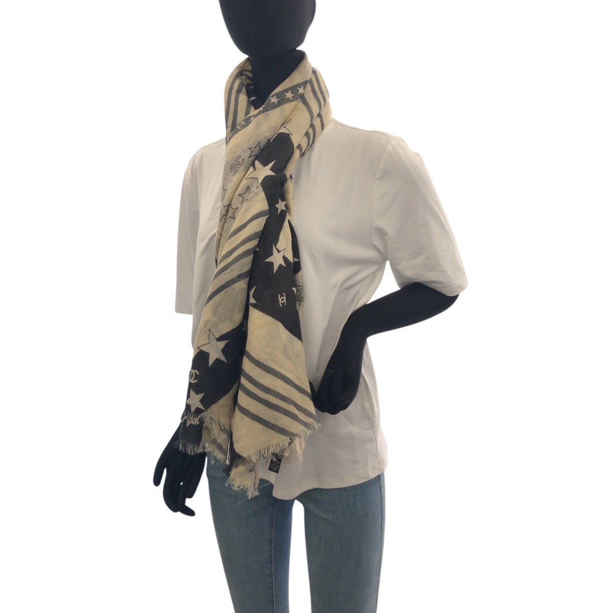 20592
CHANEL シャネル ココマーク オフホワイト ブラック カシミヤ 大判 ストール ショール レディース ABP35