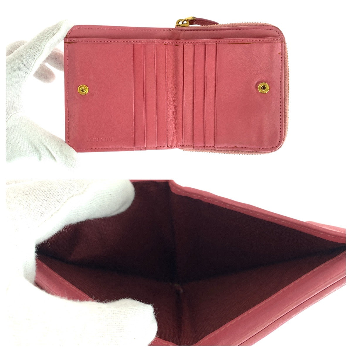 20593
MIUMIU ミュウミュウ マテラッセ ピンク ゴールド金具 レザー 二つ折り財布 コンパクトウォレット レディース ABP21