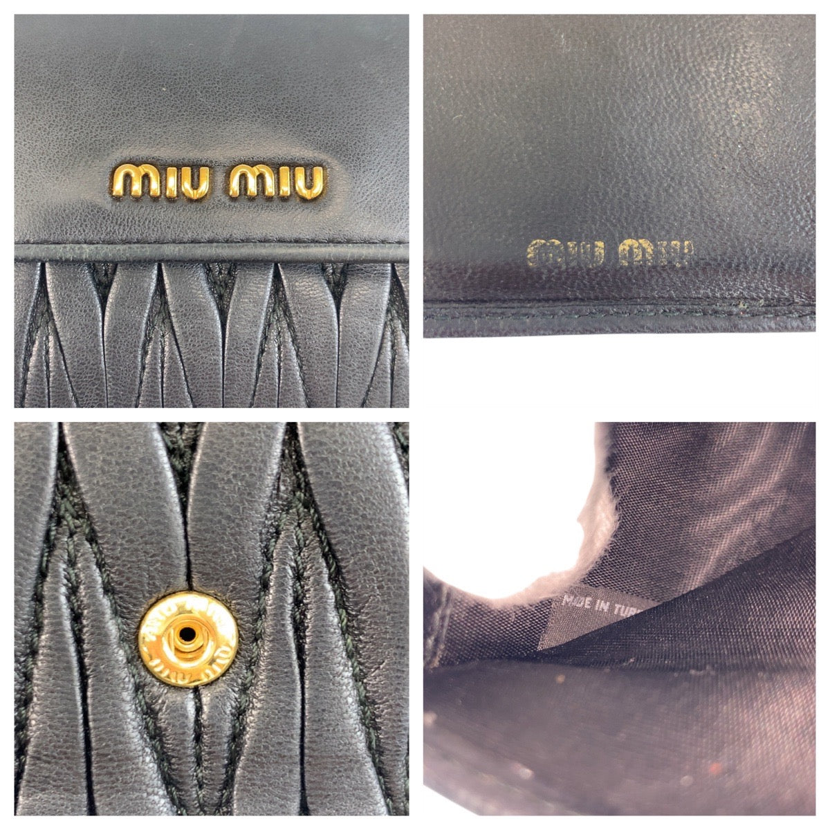 20594
MIUMIU ミュウミュウ マテラッセ ブラック 黒 ゴールド金具 レザー 折り財布 コンパクトウォレット レディース AB14