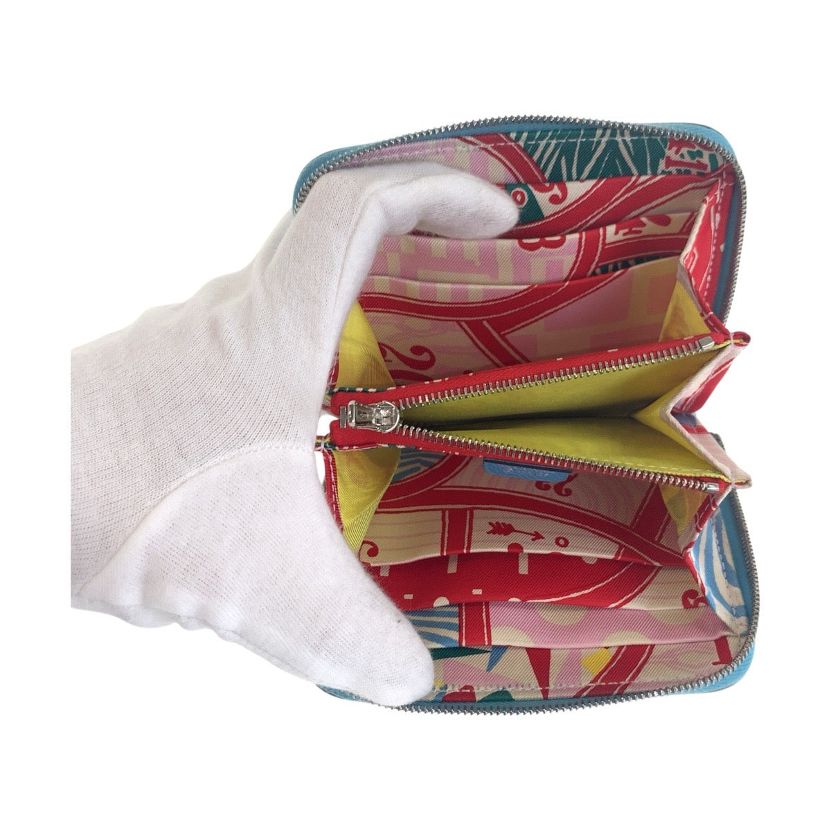 20681
HERMES エルメス アザップ コンパクト シルクイン ブルー シルバー金具 レザー / シルク 折財布 コインケース 小銭入れ D刻印 レディース ABP66