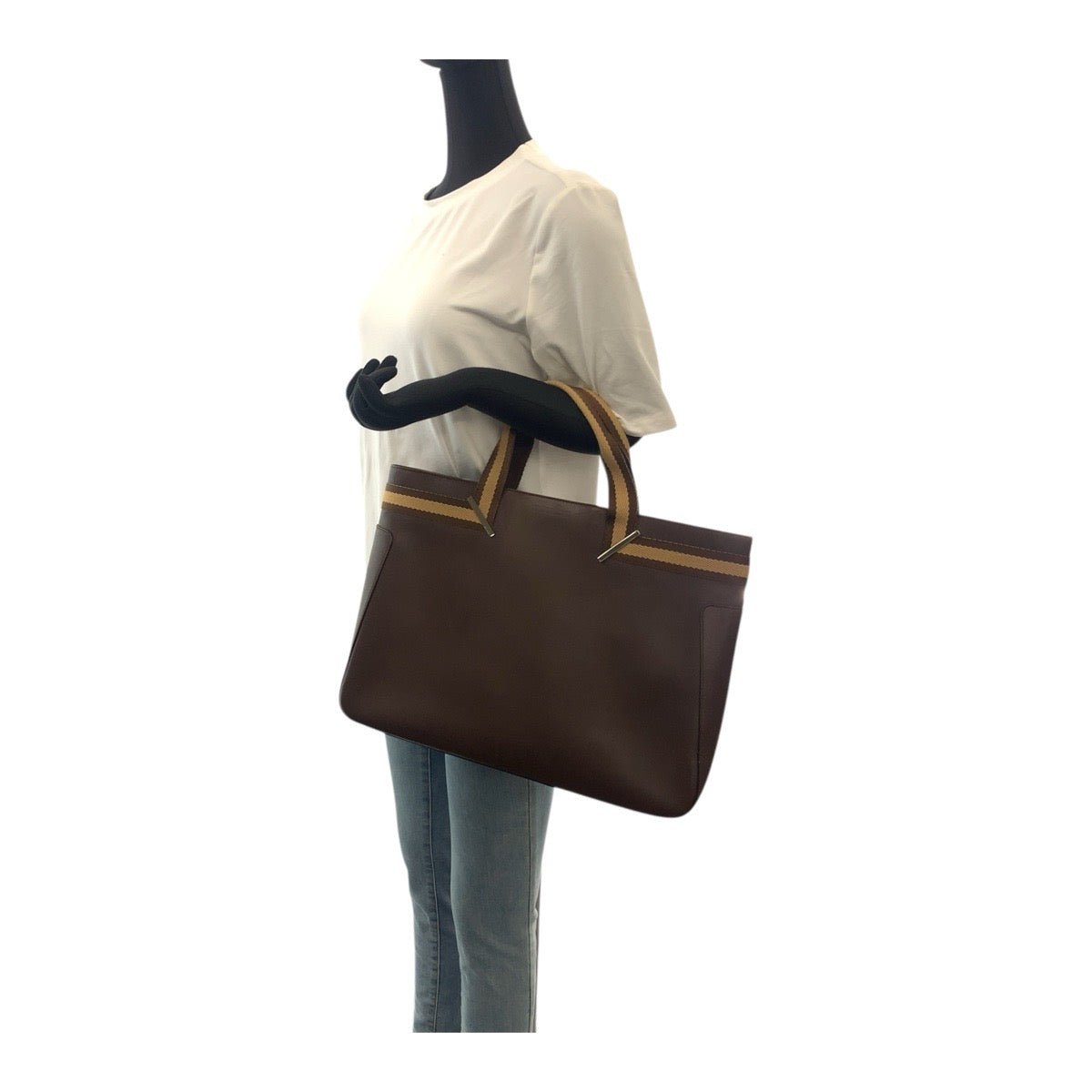 20685
GUCCI Sherry Line Brown Beige Silver Hardware Leather 002.1134 Tote Bag Handbag Women's ABP36
