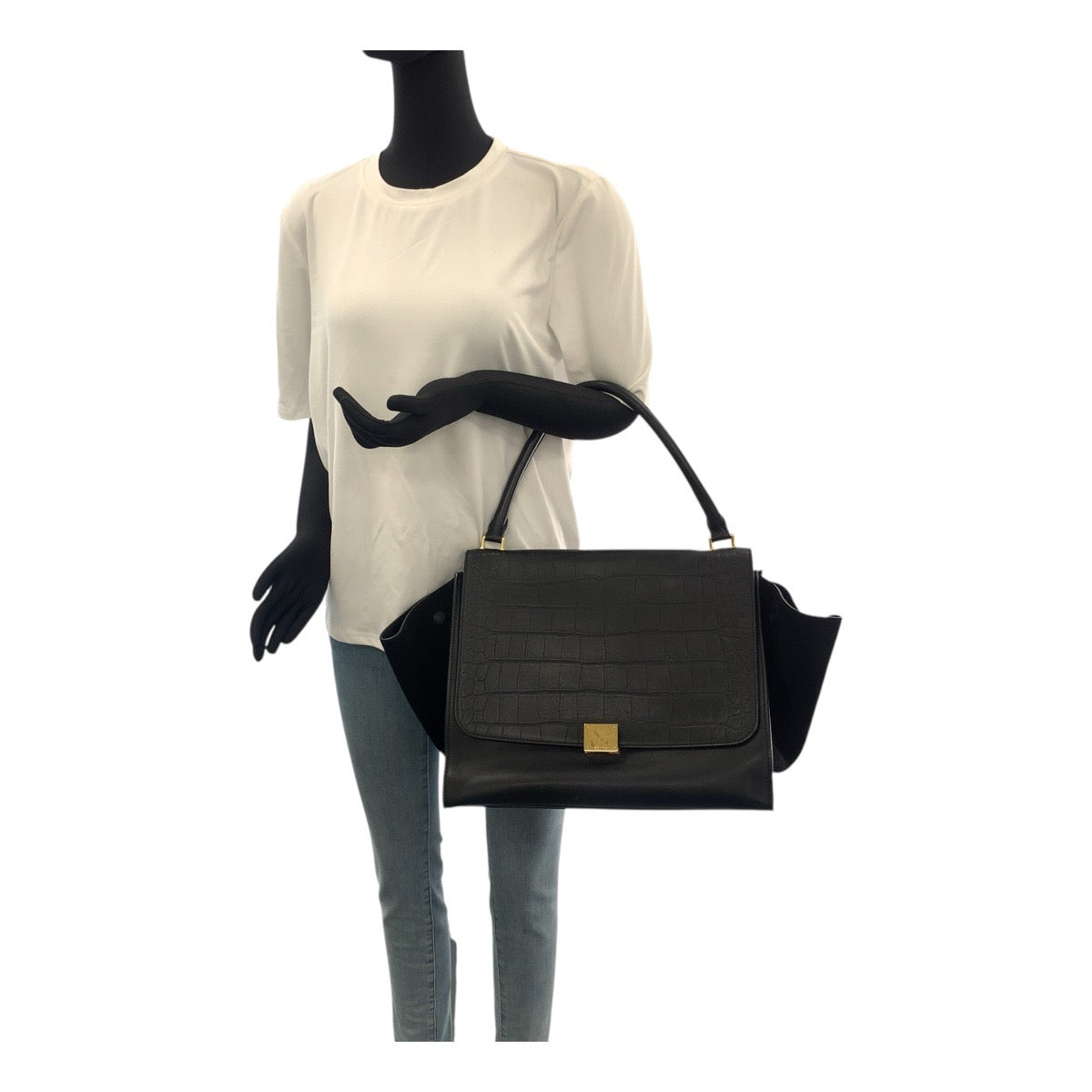 20686
CELINE セリーヌ トラペーズ 型押し ブラック 黒 ゴールド金具 レザー ショルダーバッグ ハンドバッグ レディース ABP54