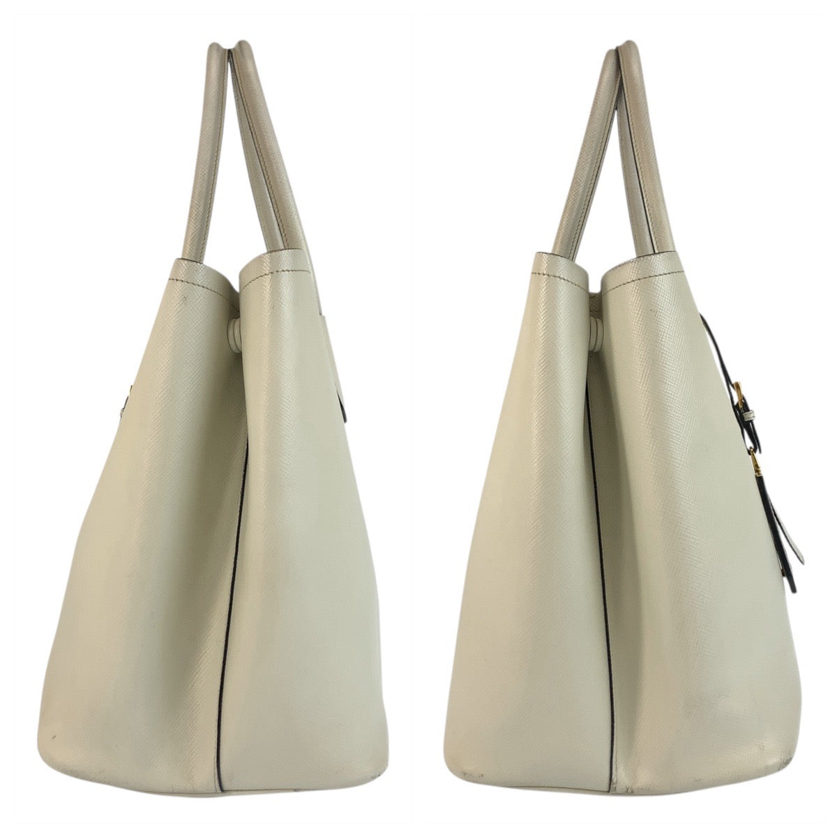 20699
PRADA プラダ サフィアーノ 三角ロゴプレート アイボリー ゴールド金具 レザー トートバッグ ハンドバッグ ショルダーバッグ レディース AB48
