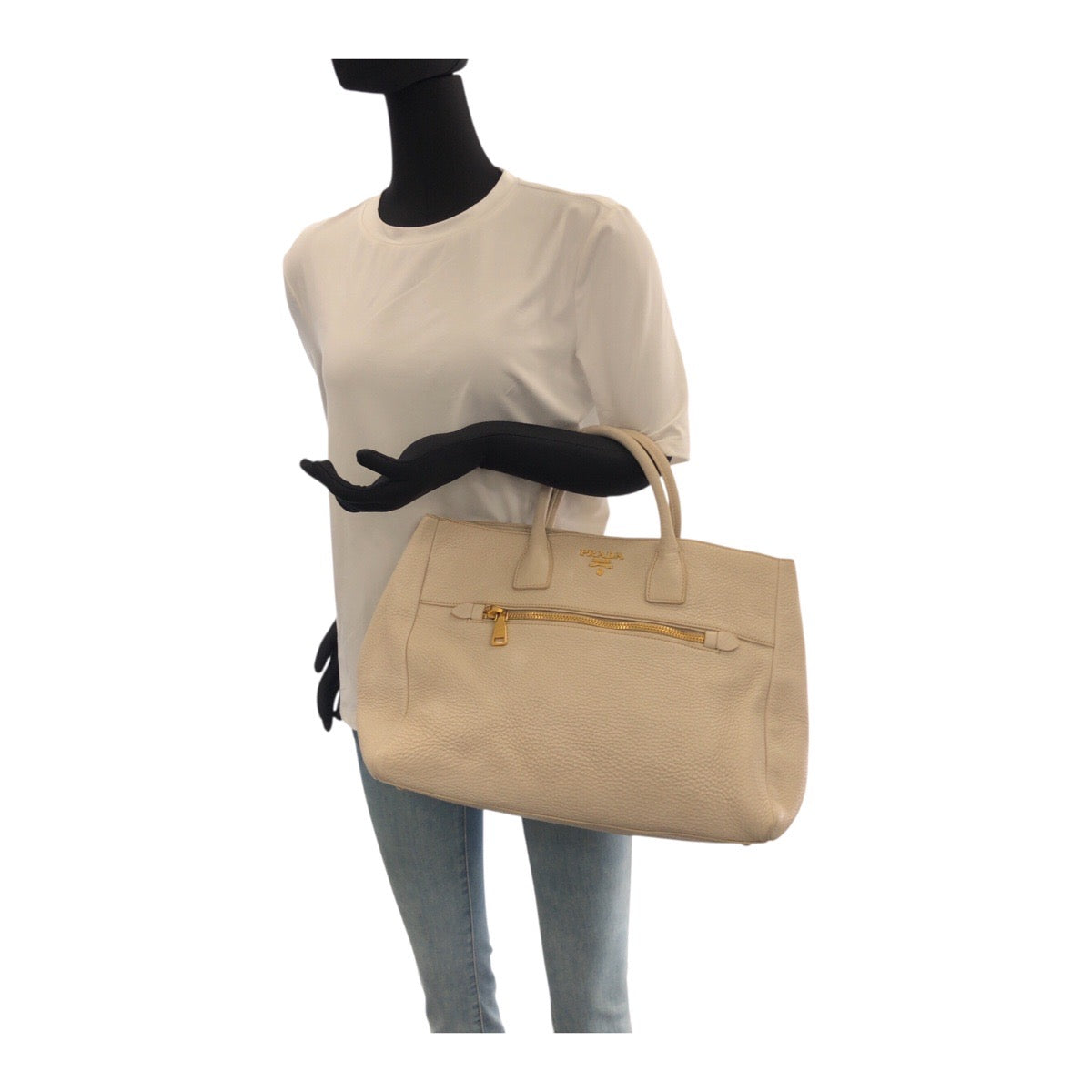 20740
PRADA プラダ ヴィテッロ オフホワイト アイボリー ゴールド金具 レザー トートバッグ ハンドバッグ レディース AB45