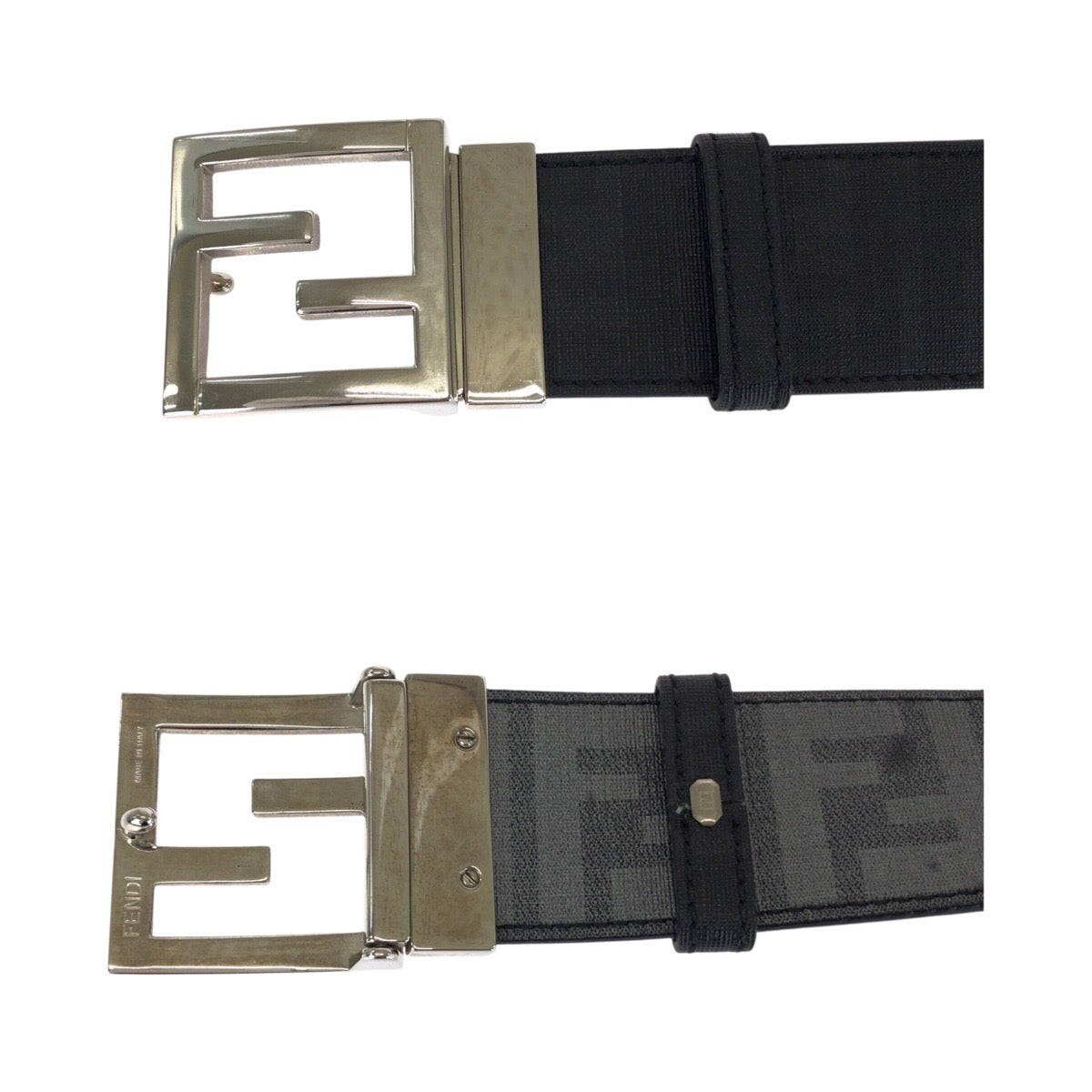 20742
FENDI フェンディ FFロゴ ズッカ柄 リバーシブルベルト ブラック 黒 シルバー金具 レザー ベルト メンズ ABP20